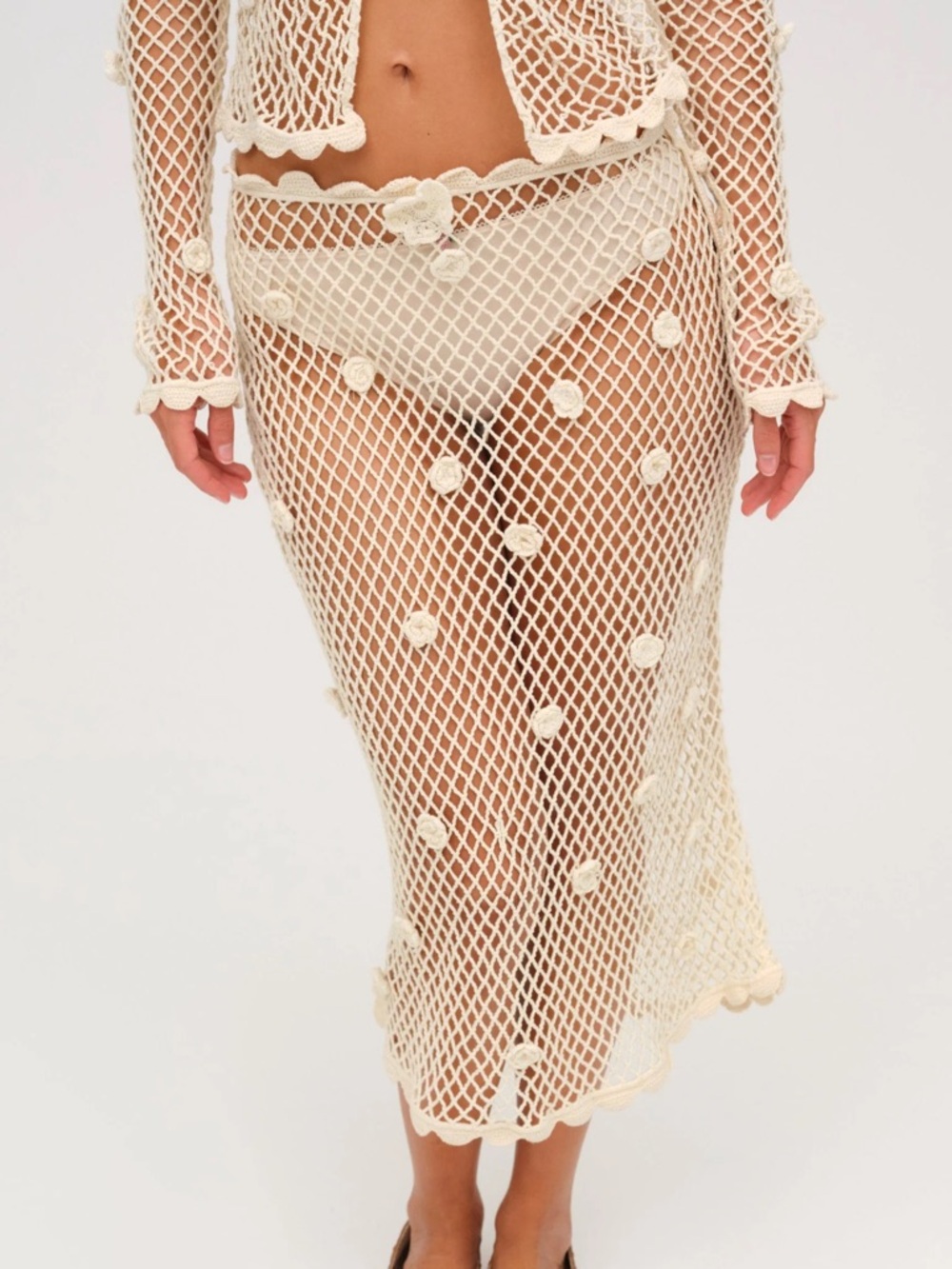 For Love & Lemons Crochet Net Swim Coverup in Cream
